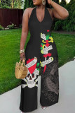 Black Red Casual Print Lace Up Backless Halter Fitted Jumpsuits