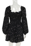 Black Celebrities Print Hollow Out Patchwork Backless Strap Design Square Neck A Line Dresses