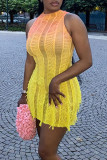 Yellow Sexy Gradient Color Fringed Trim Hollow Out Patchwork See-Through O Neck Wrapped Skirt Dresses