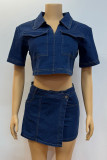 Dark Blue Street Solid Color Pocket Buttons Patchwork Turndown Collar Short Sleeve Two Pieces
