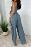 Sky Blue Sexy Solid Color Pocket Lace Up Patchwork Ruched Strapless Sleeveless Two Pieces
