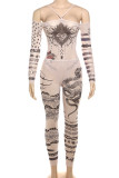 Skin Color Sexy Print Patchwork See-Through Backless Spaghetti Strap Sleeveless Two Pieces