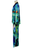 Green Casual Print Buckle Patchwork Ruched Turndown Collar Long Sleeve Two Pieces
