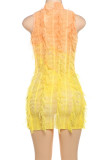 Yellow Sexy Gradient Color Fringed Trim Hollow Out Patchwork See-Through O Neck Wrapped Skirt Dresses