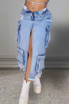 Light Blue Street Solid Color Pocket Patchwork High Slit Zipper High Waist Straight Denim Skirts