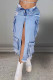 Light Blue Street Solid Color Pocket Patchwork High Slit Zipper High Waist Straight Denim Skirts