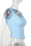 Blue Sexy Solid Color Hollow Out Patchwork Backless Square Neck Tops