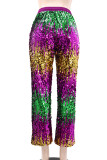 Multicolor Sexy Sequins Lace Up Patchwork Contrast Loose Mid Waist Wide Leg Patchwork Bottoms