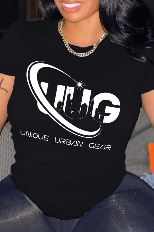 Black Casual Street Letter Print O Neck T-Shirts
