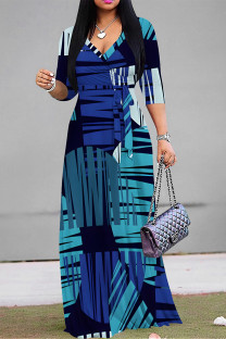 Dark Blue Elegant Geometric Print Lace Up V Neck Printed Dresses