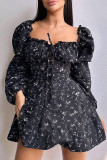 Black Celebrities Print Hollow Out Patchwork Backless Strap Design Square Neck A Line Dresses