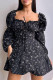 Black Celebrities Print Hollow Out Patchwork Backless Strap Design Square Neck A Line Dresses