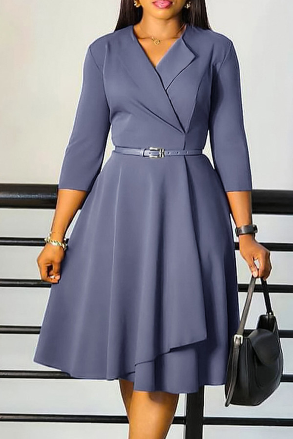 Grey Elegant Solid Color Patchwork With Belt Turndown Collar A Line Dresses