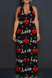 Black Red Casual Print Lace Up Backless Halter Fitted Jumpsuits