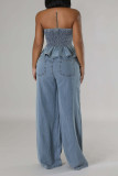 Sky Blue Sexy Solid Color Pocket Lace Up Patchwork Ruched Strapless Sleeveless Two Pieces