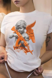 White Casual Street Cartoon Print O Neck T-Shirts