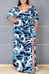 Navy Elegant Floral Print Lace Up Slit V Neck Printed Plus Size Dresses