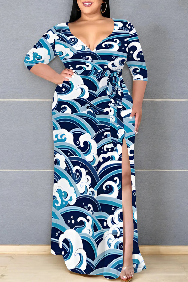 Navy Elegant Floral Print Lace Up Slit V Neck Printed Plus Size Dresses