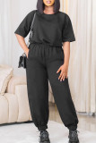 Black Casual Solid Color Pocket Patchwork O Neck Half Sleeve Two Pieces