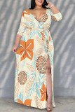 Apricot Elegant Flowers Print Lace Up Slit V Neck Printed Plus Size Dresses