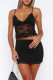 Black Sexy Solid Color Lace Patchwork Backless Spaghetti Strap Sleeveless Two Pieces