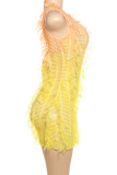 Yellow Sexy Gradient Color Fringed Trim Hollow Out Patchwork See-Through O Neck Wrapped Skirt Dresses