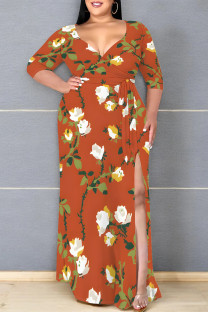 Orange Red Elegant Floral Print Lace Up Slit V Neck Printed Plus Size Dresses