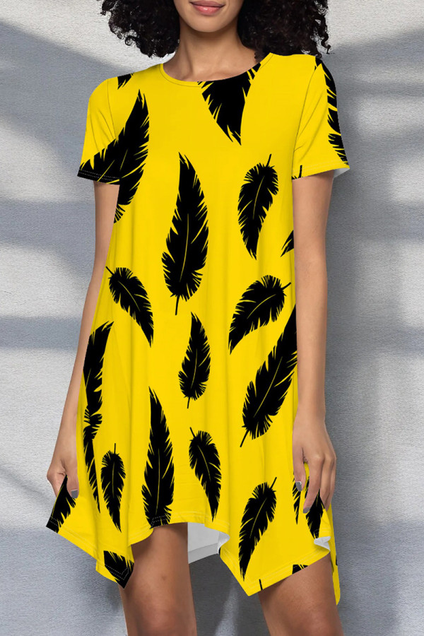 Yellow Sexy Print Patchwork O Neck Irregular Dresses