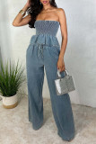 Sky Blue Sexy Solid Color Pocket Lace Up Patchwork Ruched Strapless Sleeveless Two Pieces