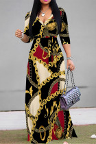 Black Red Elegant Geometric Print Lace Up V Neck Printed Dresses