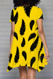 Yellow Sexy Print Patchwork O Neck Irregular Dresses