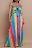 Colour Sexy Casual Irregular Printed Backless Belted Strapless Long Dresses