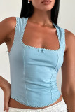 Blue Sexy Solid Color Hollow Out Patchwork Backless Square Neck Tops