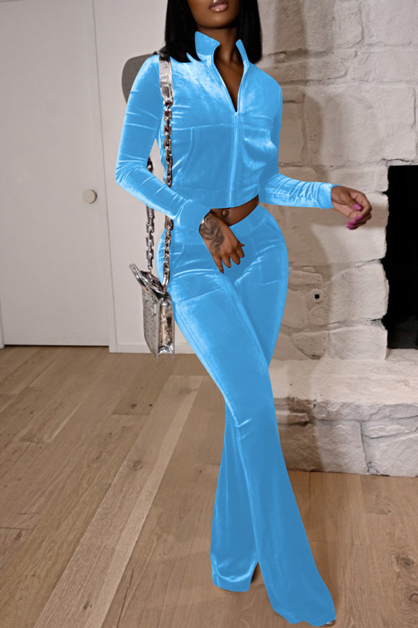 Sky Blue Street Solid Color Pocket Patchwork Zipper Zipper Collar Long Sleeve Two Pieces