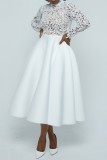 Red Casual Solid Color Lace Patchwork Long Sleeve Dresses