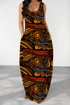 Brown Red Casual Geometric Print Pocket Contrast U Neck Printed Dresses