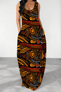 Brown Red Casual Geometric Print Pocket Contrast U Neck Printed Dresses