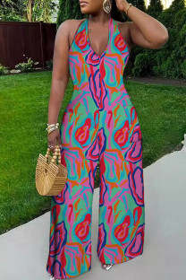 Rose Red Casual Print Backless Belted Halter Fitted Jumpsuits