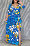 Apricot Elegant Flowers Print Lace Up Slit V Neck Printed Plus Size Dresses