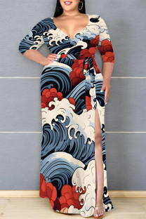 Red Blue Elegant Floral Print Lace Up Slit V Neck Printed Plus Size Dresses