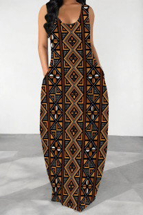 Brown Casual Geometric Print Pocket Contrast U Neck Printed Dresses