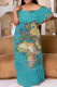 Blue Casual Print Patchwork Off Shoulder Long Plus Size Dresses