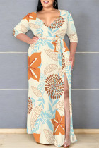 Apricot Elegant Flowers Print Lace Up Slit V Neck Printed Plus Size Dresses