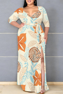 Apricot Elegant Flowers Print Lace Up Slit V Neck Printed Plus Size Dresses