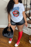 White Casual Street Lips Print Letter Print O Neck T-Shirts