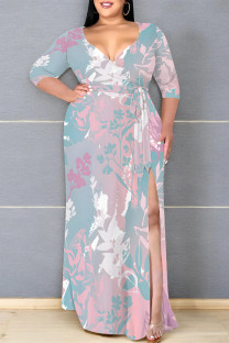 Pink Elegant Flowers Print Lace Up Slit V Neck Printed Plus Size Dresses
