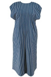 Blue Casual Stripe Patchwork Backless V Neck Straight Plus Size Dresses