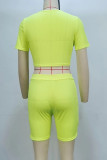 Fluorescent Yellow Sportswear Solid Color Hollow Out Patchwork O Neck Short Sleeve Two Pieces