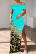 Light Blue Casual Print Patchwork Slit Off Shoulder Long Dresses