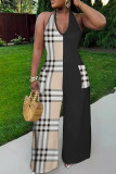 Black Red Casual Print Lace Up Backless Halter Fitted Jumpsuits